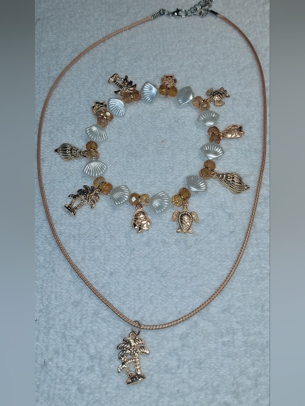 Gold-Tone Palm Tree Pendant Necklace and Shell Charm Bracelet Set Handmade